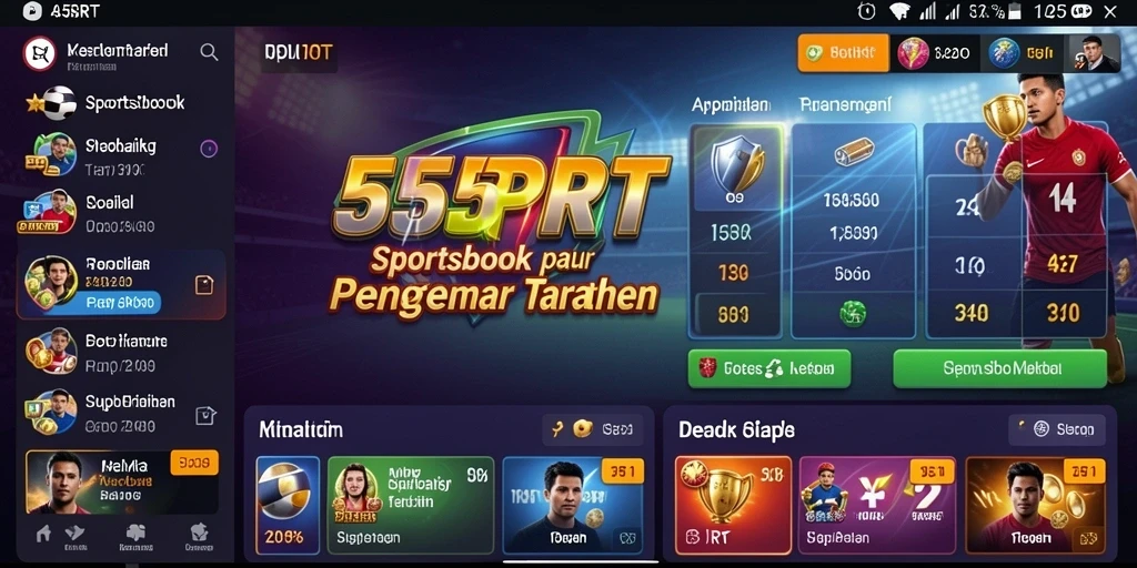 Tampilan antarmuka aplikasi Sportsbook 55RT yang menarik dan informatif.