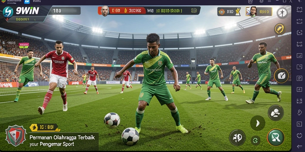 Tampilan utama 9WIN dengan pemain beraksi di lapangan olahraga.
