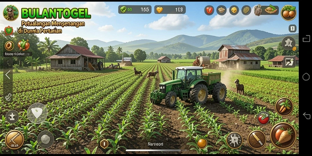 Screenshot utama BULANTOGEL menampilkan kebun indah dengan berbagai tanaman dan hewan.