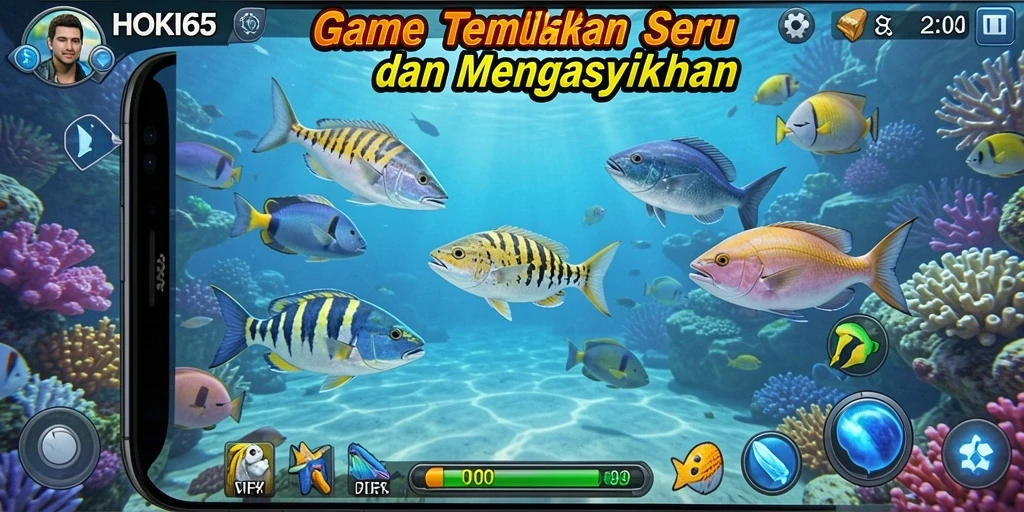 Tampilan gameplay HOKI65 saat berburu ikan di bawah laut.