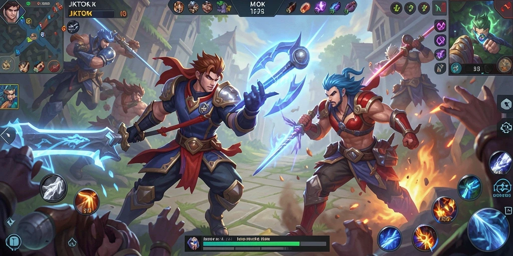 Tangkapan layar JKTOK menunjukkan berbagai aksi pertarungan dalam game MOBA.