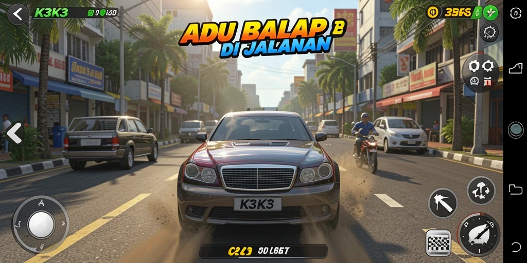 Tampilan gameplay K3K3 dengan aksi balap yang cepat dan mendebarkan.