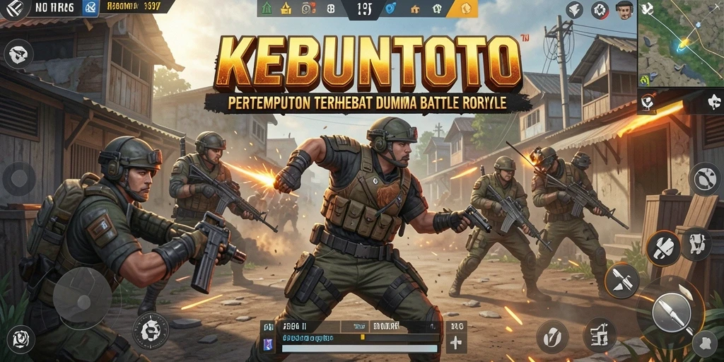 Screenshot KEBUNTOTO menampilkan aksi pertempuran intens di arena Battle Royale.
