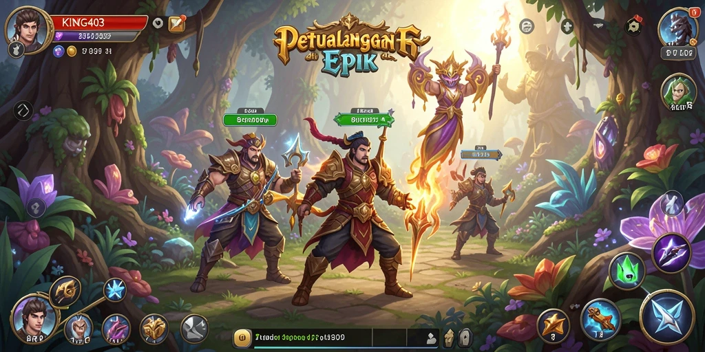Screenshot menunjukkan karakter utama sedang berpetualang di hutan misterius.