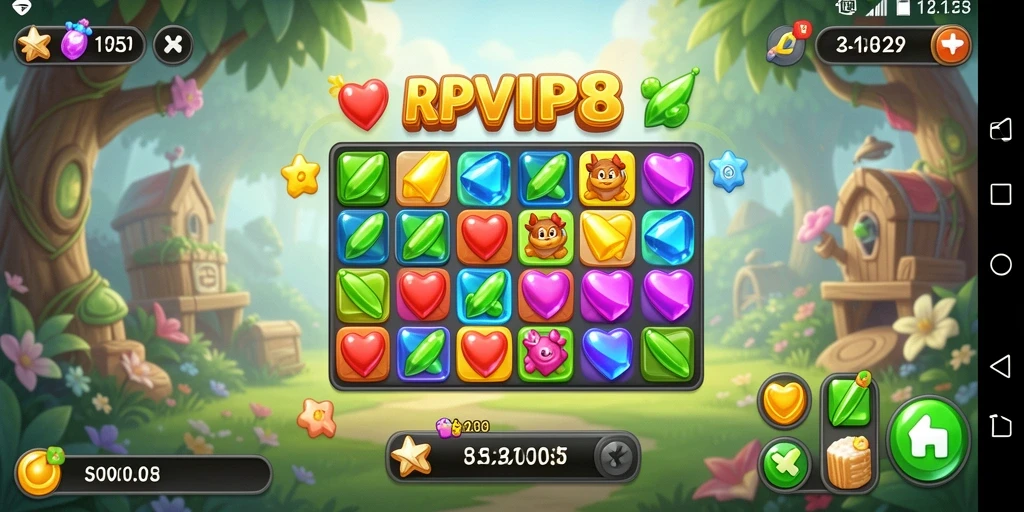Tampilan gameplay RPVIP8 dengan permata berwarna-warni.