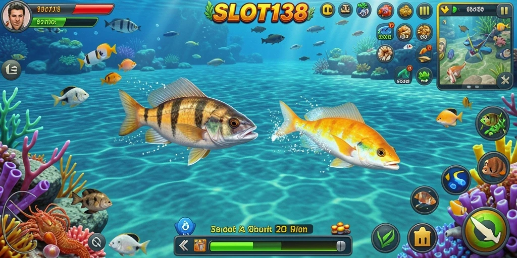 Screenshot gameplay Tembak Ikan SLOT138 menampilkan aksi berburu ikan yang seru.